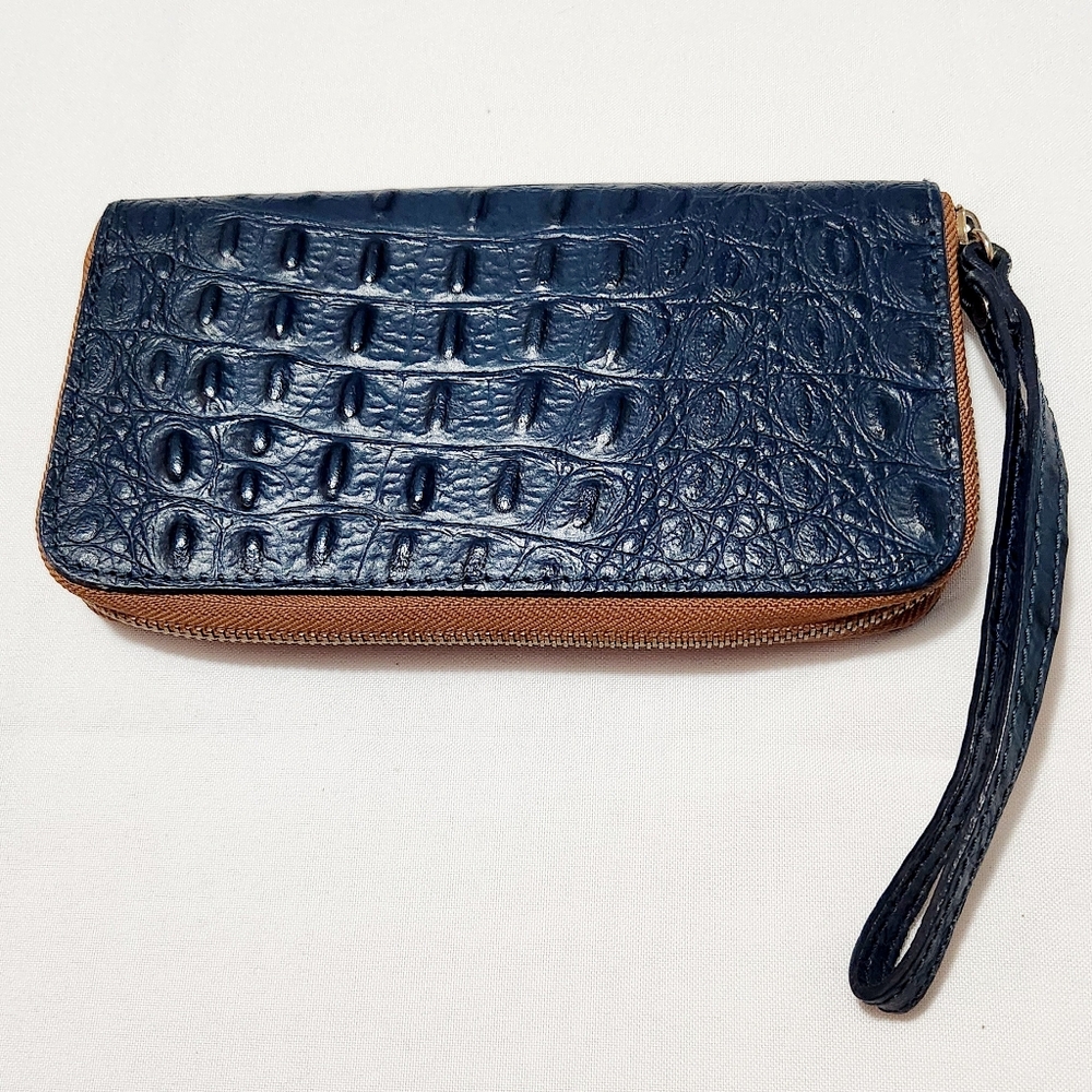 Genuine Blue Back Bone Croc Leather Skin Zipper Clutch Women's Wallet Wristlet - Picture 2 of 6